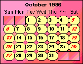  -- October 1996 Calendar -- 
