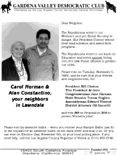  - Leaflet featuring Carol Norman and Alan Constantino, urging votes for President Bill Clinton, Vice President Al Gore, Congresswoman Jane Harman, State Senator Teresa Hughes, Assembly candidate Edward Vincent, District Attorney Gil Garcetti and a NO vote on Prop. 209. - 