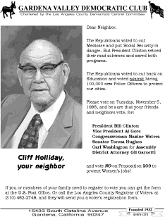  - Leaflet featuring Cliff Holliday, urging votes for President Bill Clinton, Vice President Al Gore, Congresswoman Maxine Waters, State Senator Teresa Hughes, Assembly candidate Carl Washington, District Attorney Gil Garcetti and a NO vote on Prop. 209. - 