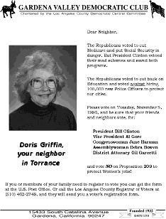  - Leaflet featuring Doris Griffin, urging votes for President Bill Clinton, Vice President Al Gore, Congresswoman Jane Harman, Assemblywoman Debra Bowen, District Attorney Gil Garcetti and a NO vote on Prop. 209. - 