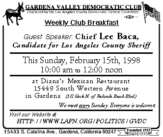  [Postcard for Chief Lee Baca speaking at our Feb. 15, 1998, Club Breakfast] 