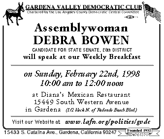  [Postcard for Assemblywoman Debra Bowen speaking at our Feb. 22, 1998, Club Breakfast] 